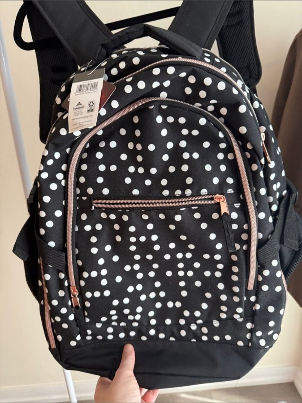 Kids school Backpack Polka Dot Black & White with Rose Gold Accents